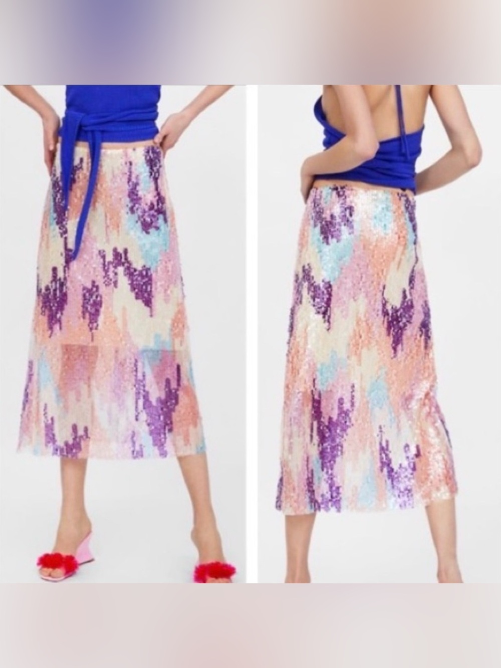 NWT ZARA Sequin Midi Skirt | Sheer Overlay & Lined | Pastel Abstract Print
